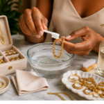 Woman cleaning gold jewelry as part of a jewelry care routine