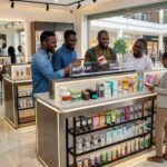 Best Clay Mask for Combination Skin in Nigeria: A Complete 2026 Guide African man and his friends shopping for the clay mask products with Best Clay Mask for Combination Skin displayed in a modern cosmetic store in Nigeria.
