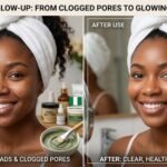 Best Clay Mask for Blackheads and Clogged Pores in Nigeria African woman has blackheads and clogged pores VS after she applied a clay face mask for blackheads and clogged pores during her skincare routine in Nigeria.