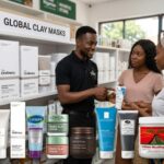 African skincare shopper viewing The Ordinary, Cetaphil, L’Oréal Paris, Innisfree, La Roche-Posay, Origins, Aztec Secret, CeraVe, Simple and kaolin clay masks displayed in a Nigerian cosmetic store.