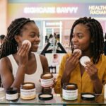 African female model with her friend comparing exfoliating pads and toner pads in a cosmetic store for healthy, glowing skin.