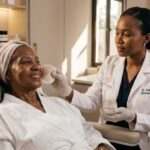 Elderly African woman using exfoliating pads during a skincare routine by dermatologist in a skincare spa for smoother, brighter and healthier-looking skin.