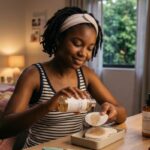  African teenager applying  toner on a exfoliating pads during her evening skincare routine for smoother, clearer-looking skin in her bedroom.