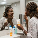  African woman applying SPF 50 sunscreen to her face for daily sun protection in Nigeria.