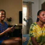 Two African models showing the result after using original and the other after using fake sunscreen product with bad result on their faces in their respective homes.