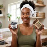 African woman comparing charcoal mask and African black soap products for oily skin during a skincare routine.