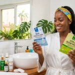  African woman comparing sheet masks during a skincare routine for glowing, hydrated skin in Nigeria.