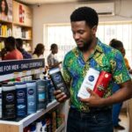 African male model holding and comparing NIVEA MEN Deep Shower Gel, NIVEA MEN Cool Kick, Dove Men+Care Body Wash, NIVEA MEN Sensitive Shower Gel, and Old Spice Body Wash for daily use in Nigeria.