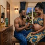 Pregnant Nigerian woman receiving stretch mark cream application on her belly from her husband at home.