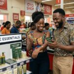 Stretch Mark Removal Cream vs Stretch Mark Oil: Which Works Better? Two young African models comparing stretch mark removal cream and stretch mark oil at a supermarket counter in Nigeria.