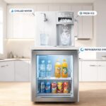 Water dispenser with refrigerator and ice machine providing chilled water, refrigerated drinks, and fresh ice in a modern home