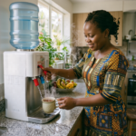 Functions of a water dispenser in a Nigerian home showing hot, cold, and room-temperature water dispensing in a modern Nigerian kitchen
