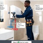 How to Install a Water Heater Safely: A Beginner's Guide showing a technician installing a modern electric water heater