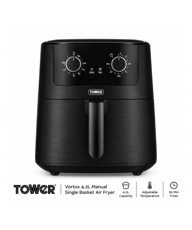 Tower Vortox 4.2L manual single basket air fryer in black with adjustable temperature control dial, 60-minute timer, and front basket handle.