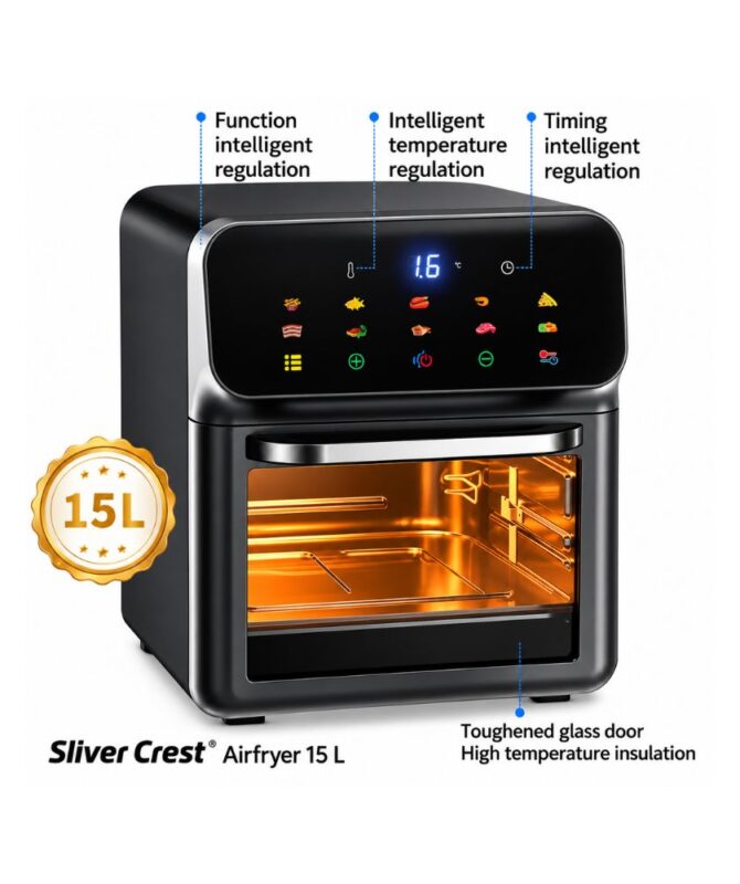 Sliver Crest Air Fryer 15L black digital air fryer oven with touch control panel, stainless steel handle, and transparent glass door.