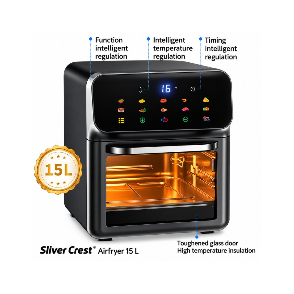Sliver Crest Air Fryer 15L black digital air fryer oven with touch control panel, stainless steel handle, and transparent glass door.