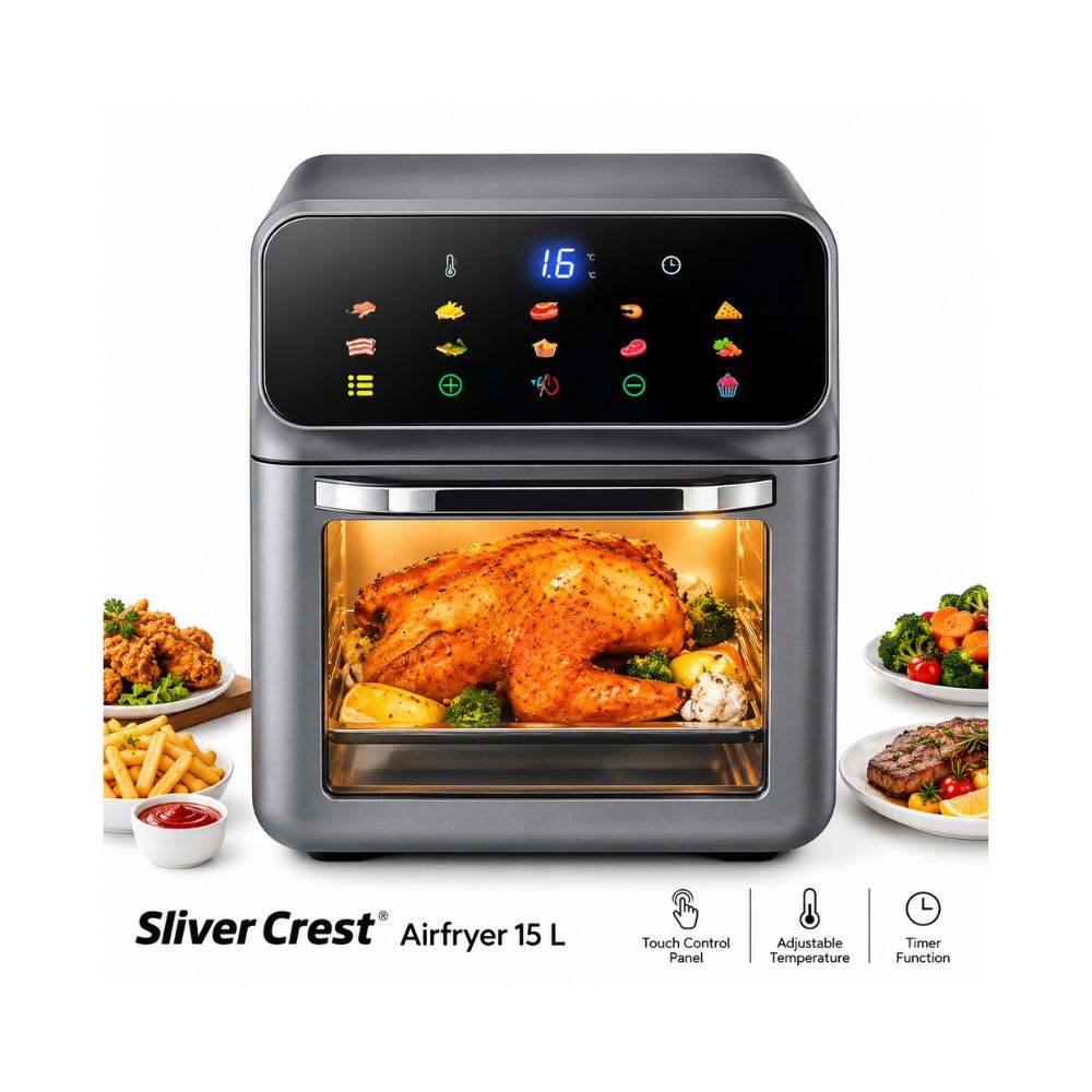 Sliver Crest Air Fryer 15L digital oven with touchscreen controls, stainless steel handle, and roasted chicken inside, featuring adjustable temperature and timer functions.