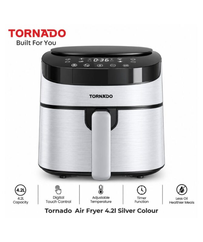 Tornado Air Fryer 4.2L Silver Colour with digital touch controls, adjustable temperature, timer function, and a stylish silver stainless-steel finish.