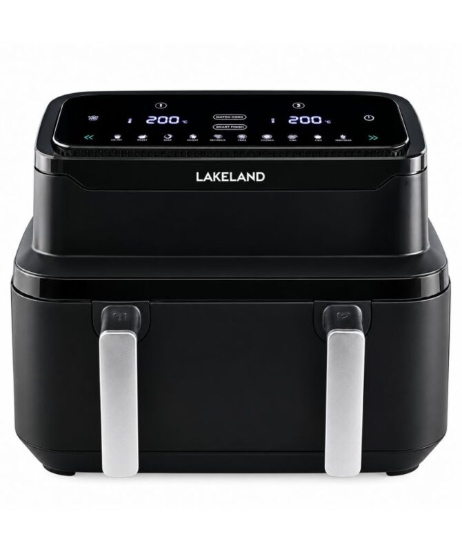Lakeland Large Adjustable Drawer Air Fryer 9L in black with digital touchscreen controls, dual cooking drawers, and silver handles.